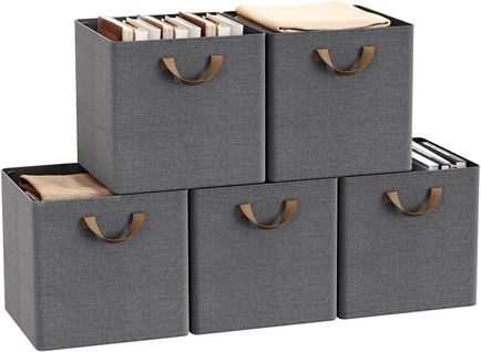Lot De 5 Boîte Rangement Pliable En Tissu, Avec Poignée, Cadre En Métal, 32,5x32,5x31cm, Gris