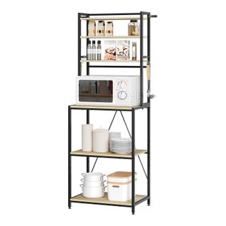 Étagère Cuisine, 6 Étagères De Rangement, 6 Crochets, 60x39,5x167cm, Chêne Clair+noir