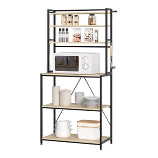Étagère Cuisine, 6 Étagères De Rangement, 6 Crochets, 80x39,5x167cm, Chêne Clair+noir