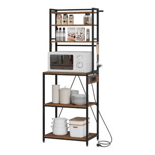 Étagère Cuisine Avec Multiprise,avec Étagère Réglable,6 Crochets,noir+marron Rustique,60x39,5x167cm