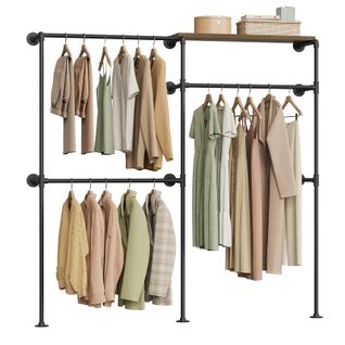 Tringle à Vêtements Murale, Penderie, Avec Étagère Et 3 Rails De Suspension, Noir + Marron Rustique