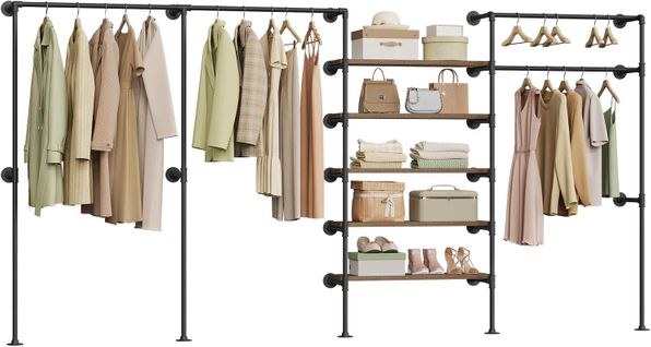 Penderie Murale, Portant à Vêtements, Dressing Mural, En Tube Métallique, Noir + Marron Rustique