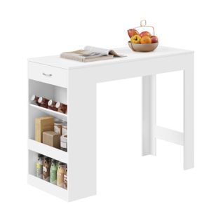 Table De Bar, Table Haute Cuisine, 1 Tiroir Et 3 Compartiments Ouverts, En Bois D'ingénierie, Blanc