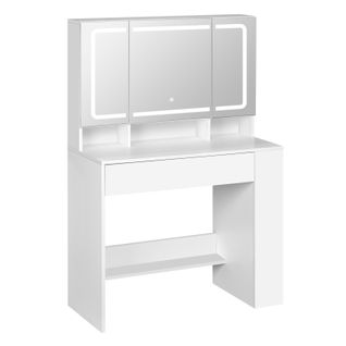 Coiffeuse Avec Grand Miroir LED à Luminosité Réglable, Meuble Chambre Avec Tiroir, Blanc, 90x40 Cm