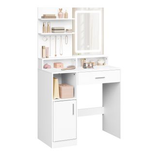 Coiffeuse Avec Miroir LED, Placard Et 3 Casiers Ouverts, En Bois D'ingénierie, 80x40x140cm, Blanc