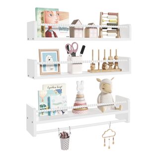 Lot De 3 Étagère Murale Pour Enfant, En Bois Massif, 60cm, Avec Perles En Bois, Blanc