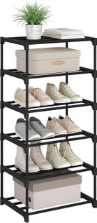 Étagère Chaussures à 6 Niveaux, Étroit,pour Entrée, Salon, Couloir, Tube En Métal, 42x30x88cm, Noir