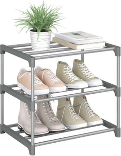 Étagère Chaussures à 3 Niveaux, Étroit,pour Entrée, Salon, Couloir, Tube En Métal, 42x30x37cm, Gris