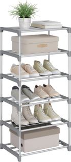 Étagère Chaussures à 6 Niveaux, Étroit,pour Entrée, Salon, Couloir, Tube En Métal, 42x30x88cm, Gris