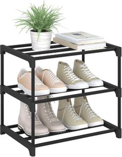 Étagère Chaussures à 3 Niveaux, Étroit,pour Entrée, Salon, Couloir, Tube En Métal, 42x30x37cm, Noir