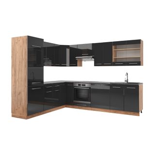 Cuisine En Angle Fame-line, Anthracite Brillant/chêne Doré, 227x60cm Sans Pt