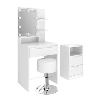 Coiffeuse Ruben 43389 Blanc Avec Armoire à Tiroirs, Éclairage LED Et Tabouret