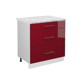 Meuble Cuisine Fame-line 45466 Rouge Bordeaux Haute Brillance 80cm Avec 3 Tiroirs, Pt Marbre