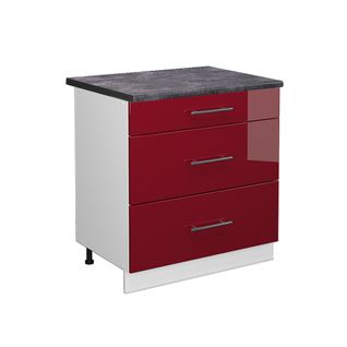 Meuble Cuisine Fame-line 45477 Rouge Bordeaux Haute Brillance 80cm Avec 3 Tiroirs, Pt Anthracite