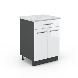 Meuble Cuisine Fame-line 45640 Blanc Haute Brillance 60cm Avec Tiroir, Pt Marbre