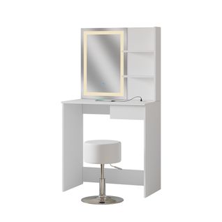 Coiffeuse Dekos 41567 Blanc 75cm Avec Miroir LED, Chargeur Qi Et Tabouret