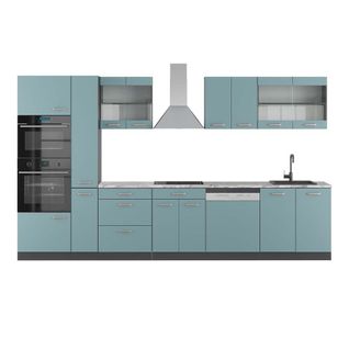 Cuisine R-line 49821 Bleu-gris/anthracite 350cm Avec Armoire Haute, Pt Marbre