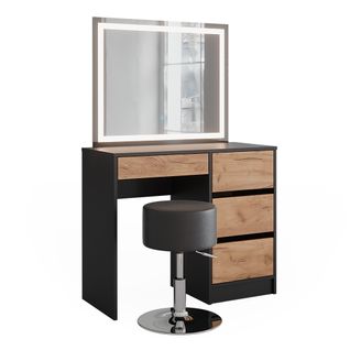 Coiffeuse Sherry 52036 Anthracite/chêne Doré 90x75cm Avec Miroir LED Et Tabouret