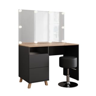 Coiffeuse Karen 56538 Anthracite/artisan 110cm Avec Tabouret Et Guirlande Lumineuse LED