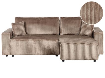 Canapé-lit D'angle 3 Places Abacka Velours Côtelé Marron Clair Avec Rangement Côté Gauche