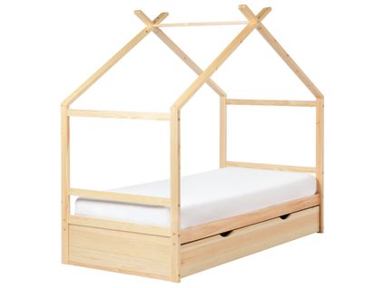 Lit D'enfant Maison Bois De Pin Orgeval 90 X 200 Cm Avec Rangement Marron Clair