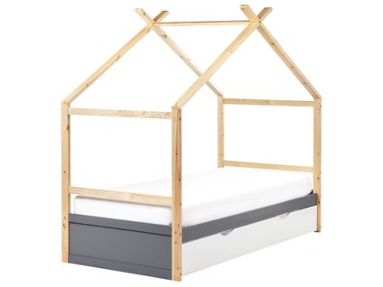 Lit D'enfant Maison Bois De Pin Orgeval 90 X 200 Cm Avec Rangement Gris