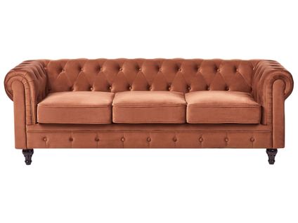 Canapé 3 Places Chesterfield Velours Marron Doré