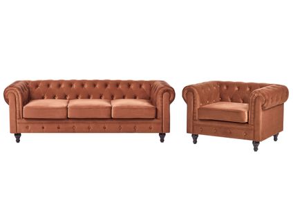 Ensemble De Salon 4 Places Chesterfield Velours Marron Doré