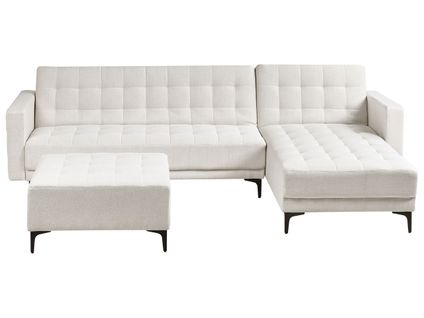 Canapé-lit D'angle Modulable 4 Places Aberdeen Tissu Blanc Cassé Avec Ottoman Côté Gauche