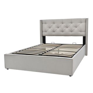 Lit Coffre Adulte 140x200 Cm, Lit 2 Places Avec Rangement, Coton, Gris Clair