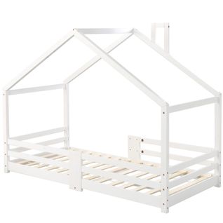 Lit Cabane Enfant 90x200 Cm Avec Sommier à Lattes En Pin, Blanc