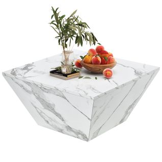 Table Basse 70×70×37 cm Trapezoïdale Moderne Effet Marbre avec 2 tiroirs, MDF, blanc