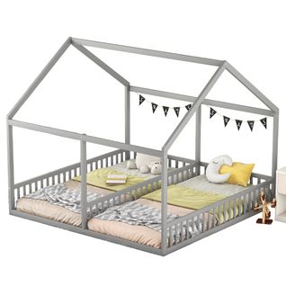 Lit Cabane Enfant 90x200 Cm X 2 Places Avec Sommier, Pin, Gris