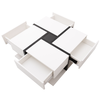 Table Basse 78x78x36 Cm, 4 Tiroirs, Espace De Rangement - Nori + Blanc