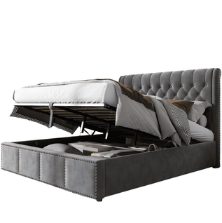 Lit Adulte 160x200 Cm Avec Rangement, Sommier, Dossier, En Velours, Gris