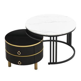 Lot De 2 Table Basse Rond 70x70x46/50x50x40 Cm, 2 Tiroirs, Lateau à Motif Marbre, Noir