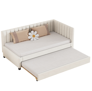 Lit Gigogne 90x200cm Lit Enfant Avec LED, Lit Extensible 90x190 Cm, Sommier, En Velours, Beige