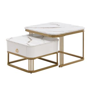 Lot De 2 Table Basse Gigogne Carré 60x60x45 / 50x50x34 Cm, 1 Tiroir, MDF, Blanc + Or