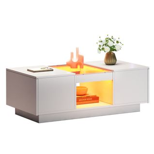 Table Basse 100x50x35,5 Cm LED Application 2 Tiroirs 1 Niche et LED Panneaux De Particules Blanc