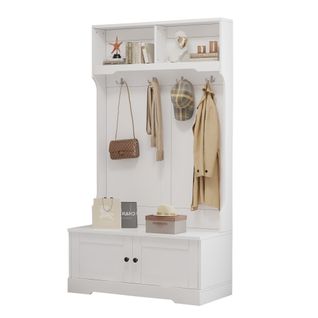Vestiaire 101.5x47x183 Cm Avec 4 Crochets, 2 Compartiments Ouverts, Panneaux De Particules, Blanc