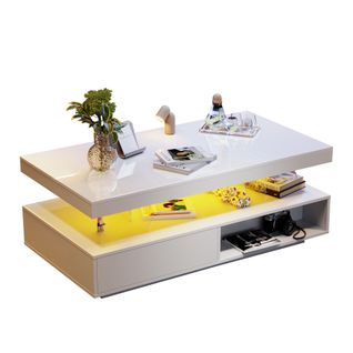Table Basse Moderne 95x50x42,5cm, LED, 2 Tiroirs, 2 Niches, 4 Panneaux De Verre,blanc Brillant