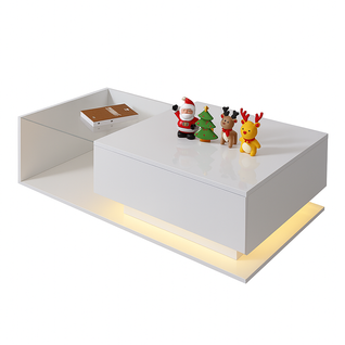 Table basse blanc brillant 100×50×32 cm avec plateau en verre, 1 tiroir et LED, Panneaux Particules