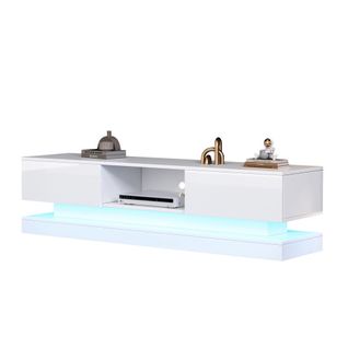 Meuble TV pour TV 60" Blanc Brillant 160x35x40.5 cm, LED et 2 Tiroirs, Panneaux de Particules