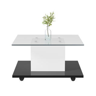 Table Basse Carrée LED 80x80x40cm, Avec Roulettes, Plateau En Verre Trempé, Noir Brillant