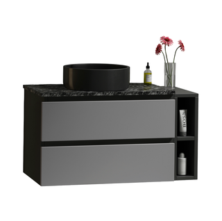 Meuble Lavabo Et Vasque Suspendu 80x44x48.5 Cm Avec 2 Tiroirs, Design Moderne, En Mdf, Noir Et Gris
