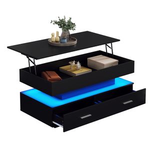 Table basse relevable 100 cm avec LED, 2 tiroirs et rangement ouvert, Panneaux De Particules, noir