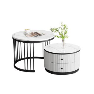 Ensemble De 2 Tables Basses Rondes, 2 Tiroirs, Motif Marbre Brillant, Mdf, Blanc Et Noir
