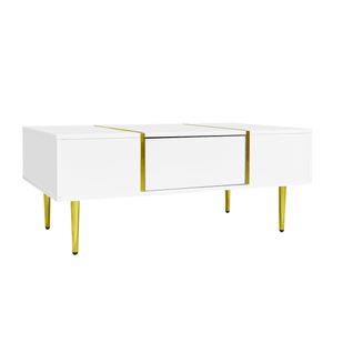 Table Basse 100x60x41,5 Cm, Deux Tiroirs, Pieds Dorés, Blanc Brillant