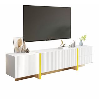 Meuble TV 190x35x45 Cm Avec 2 Tiroirs, 3 Portes, Pour Télévision De 50-59 Pouces, En Mdf, Blanc