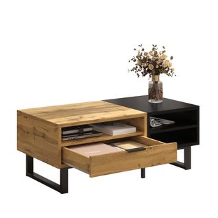 Table Basse 100x50x40cm, 1 Tiroir, 3 Espaces De Rangement Ouverts, Couleur Bois + Noir.